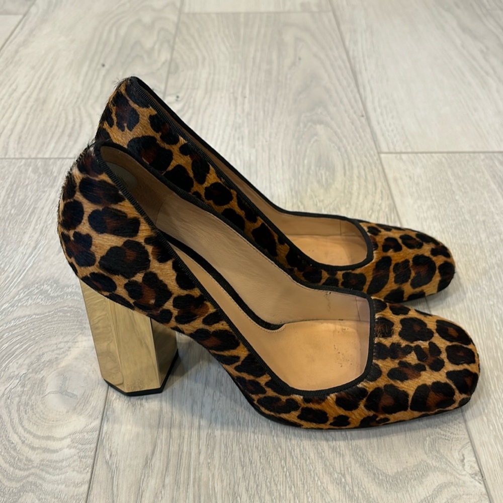 Tory Burch Leopard Print Pony Hair Pumps with Gold Block Heel